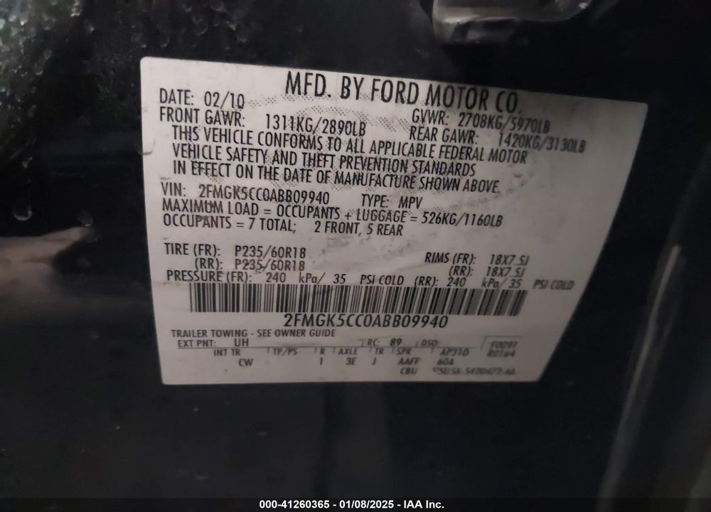 2010 FORD FLEX SEL VIN: 2FMGK5CC0ABB09940