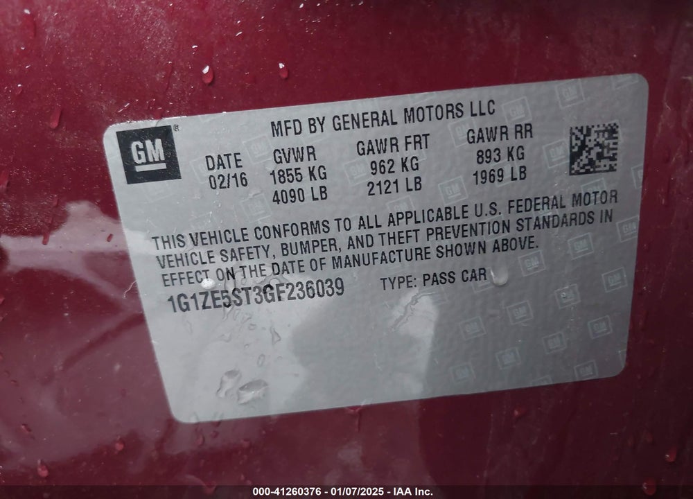 2016 CHEVROLET MALIBU VIN: 1G1ZE5ST3GF236039