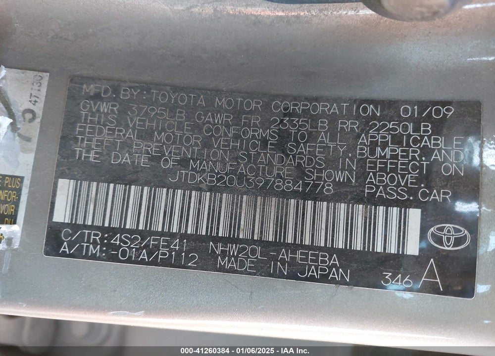 2009 TOYOTA PRIUS VIN: JTDKB20U397884778