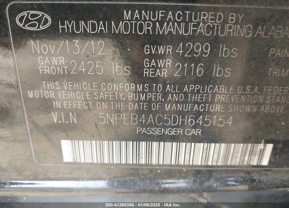 2013 HYUNDAI SONATA VIN: 5NPEB4AC5DH645154
