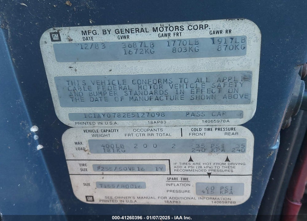 1984 CHEVROLET CORVETTE VIN: 1G1AY0782E5127098
