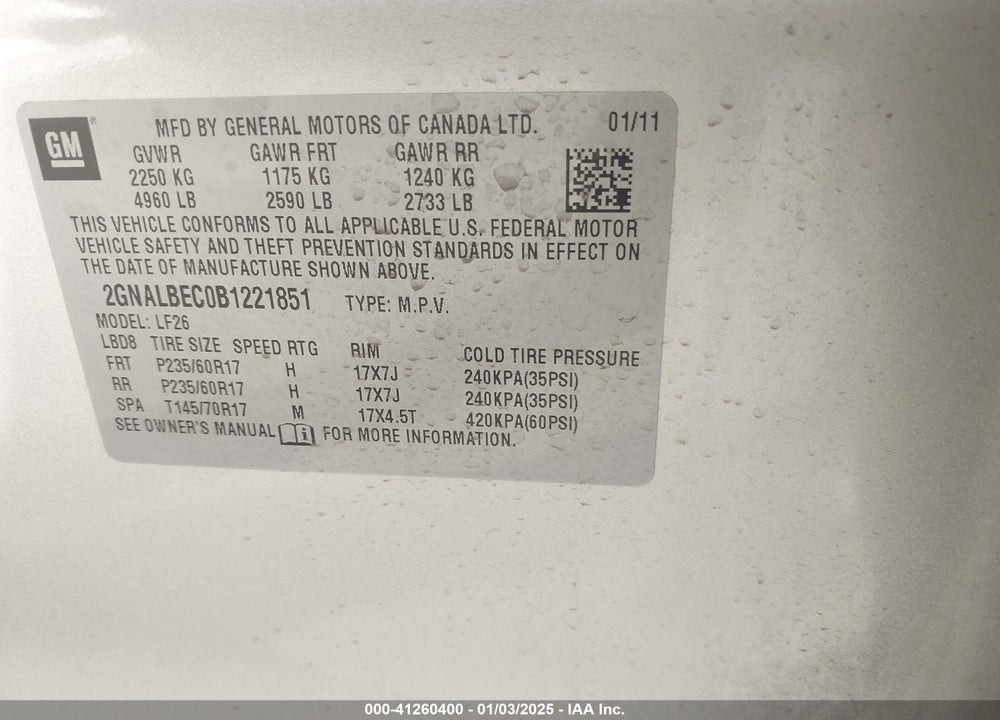 2011 CHEVROLET EQUINOX LS VIN: 2GNALBEC0B1221851