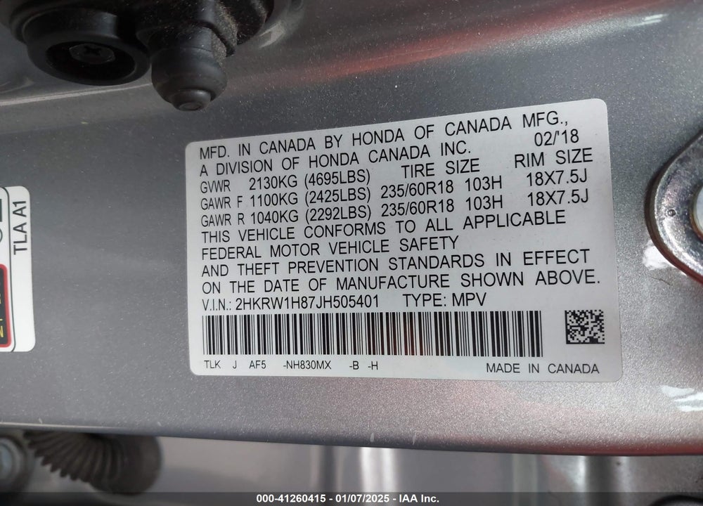 2018 HONDA CR-V EX-L/EX-L NAVI VIN: 2HKRW1H87JH505401