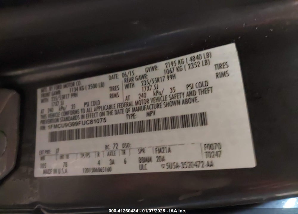 2015 FORD ESCAPE SE VIN: 1FMCU9G99FUC81075