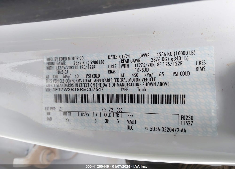 2024 FORD F250 VIN: 1FT7W2BT8REC67547