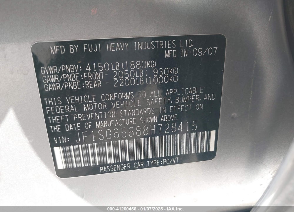 2008 SUBARU FORESTER 2.5X VIN: JF1SG65688H728415