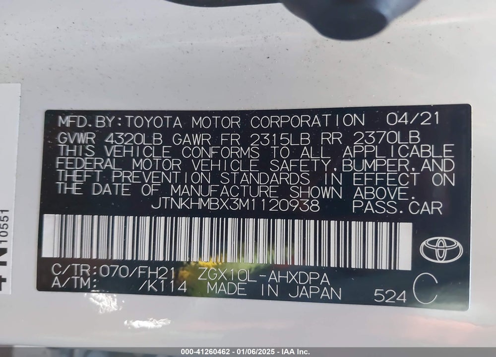 2021 TOYOTA C-HR LE VIN: JTNKHMBX3M1120938