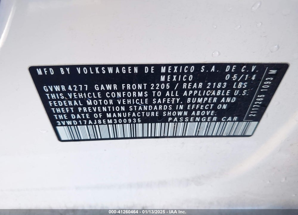 2014 VOLKSWAGEN JETTA 1.8T SE VIN: 3VWD17AJ8EM300935