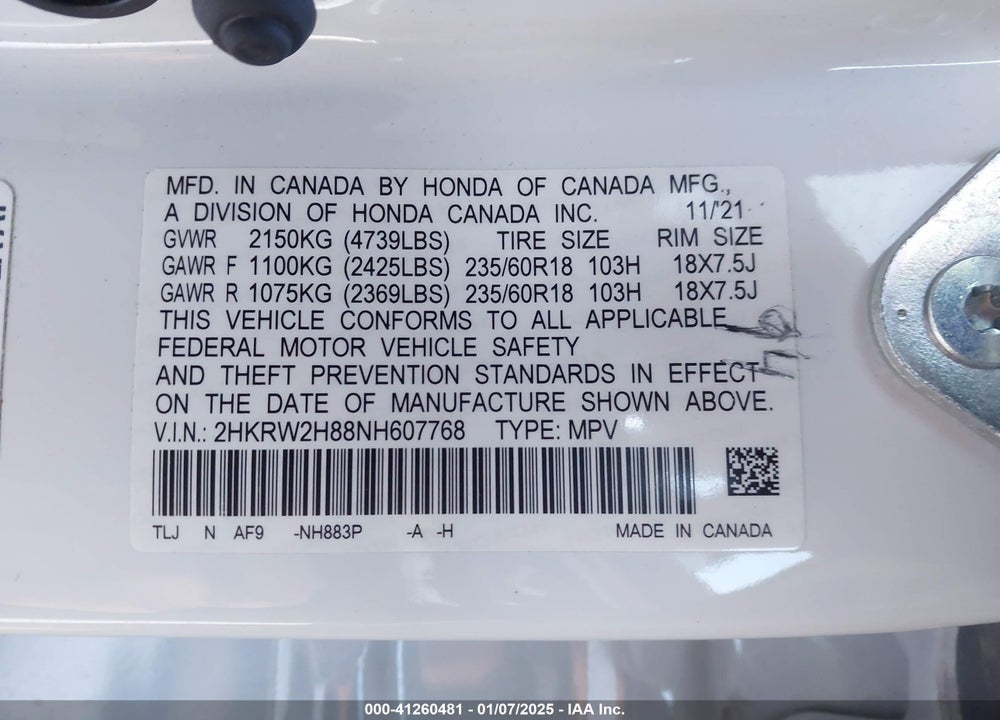 2022 HONDA CR-V AWD EX-L VIN: 2HKRW2H88NH607768
