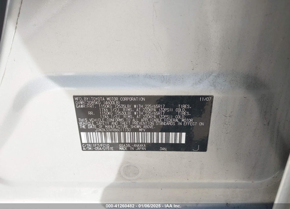 2008 TOYOTA RAV4 BASE V6 VIN: JTMZK33V986011730