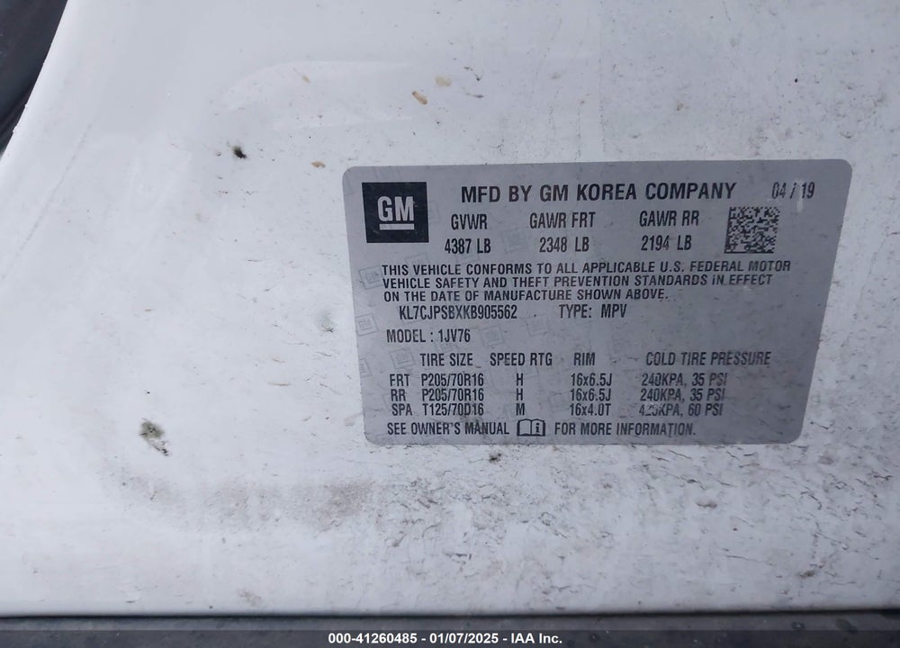 2019 CHEVROLET TRAX LT VIN: KL7CJPSBXKB905562