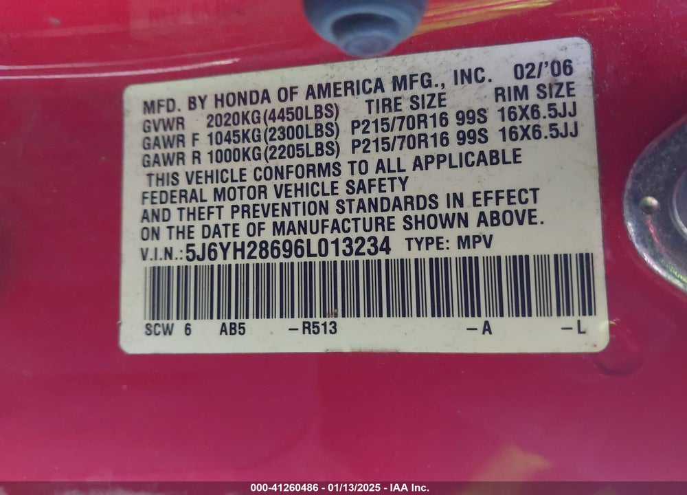 2006 HONDA ELEMENT EX VIN: 5J6YH28696L013234