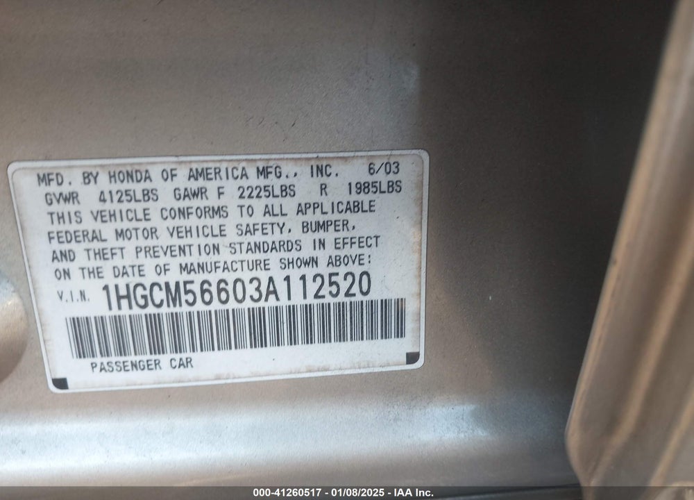 2003 HONDA ACCORD 2.4 EX VIN: 1HGCM56603A112520