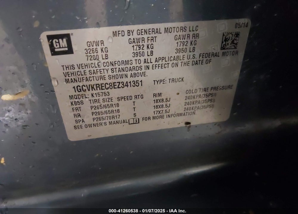 2014 CHEVROLET SILVERADO 1500 VIN: 1GCVKREC8EZ341351