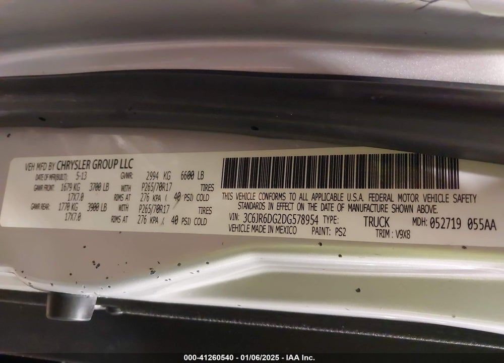 2013 RAM 1500 VIN: 3C6JR6DG2DG578954