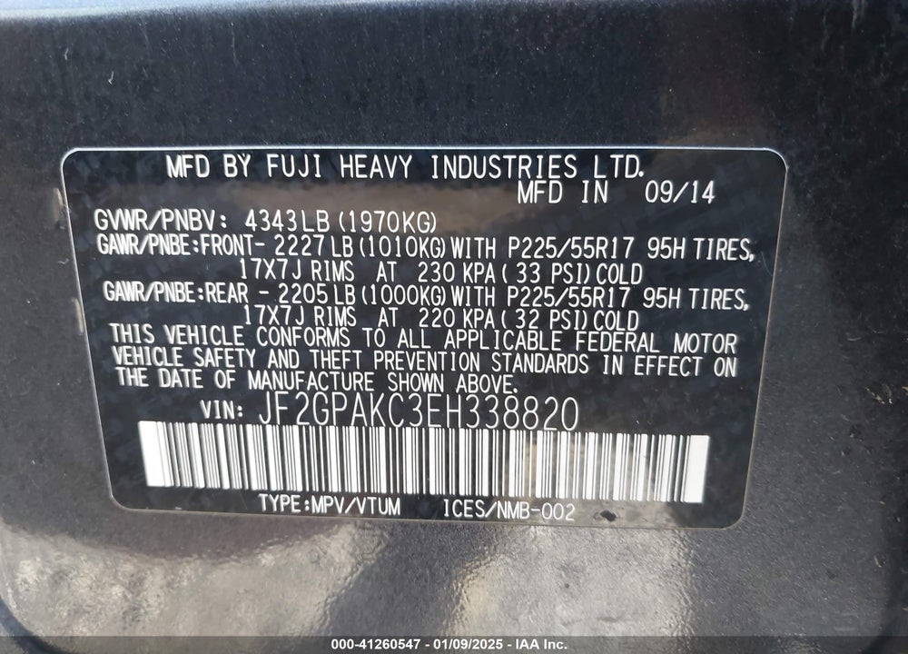 2014 SUBARU XV CROSSTREK VIN: JF2GPAKC3EH338820