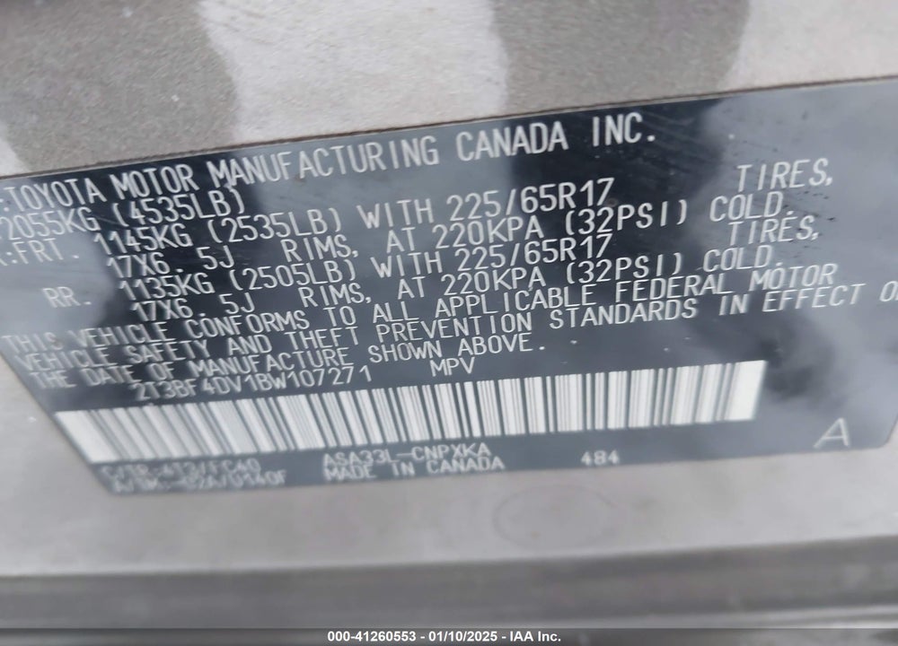 2011 TOYOTA RAV4 VIN: 2T3BF4DV1BW107271