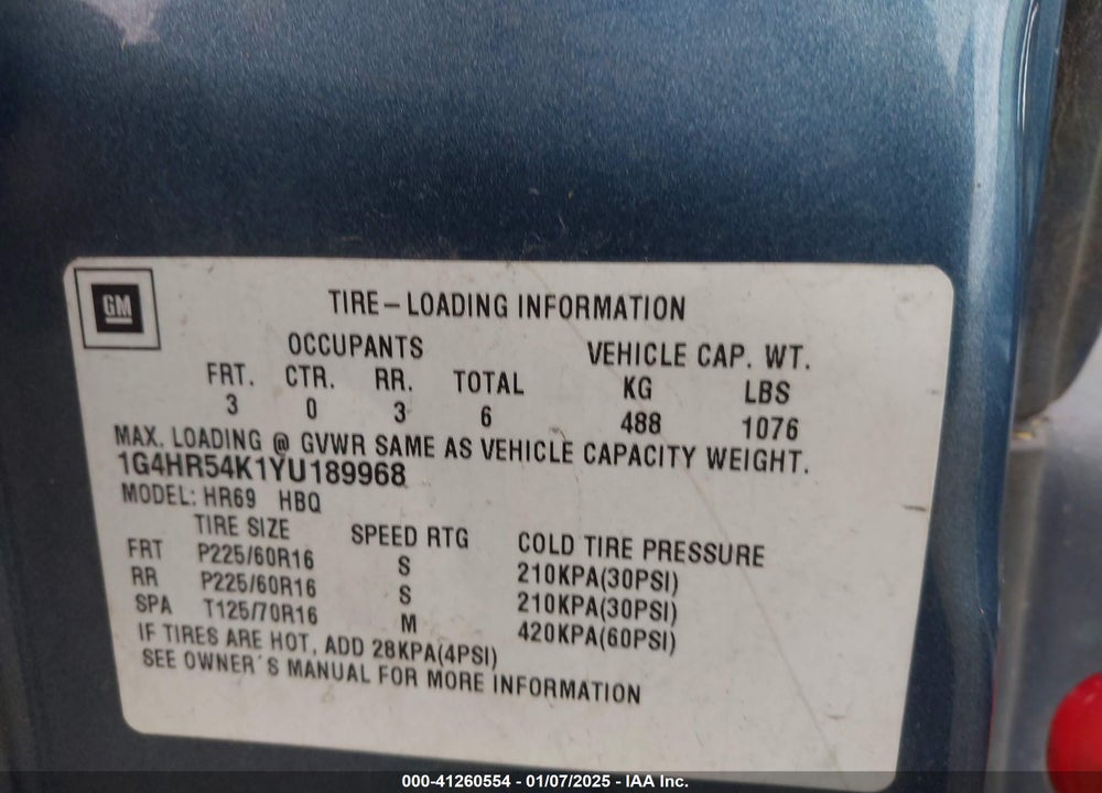 2000 BUICK LESABRE LIMITED VIN: 1G4HR54K1YU189968