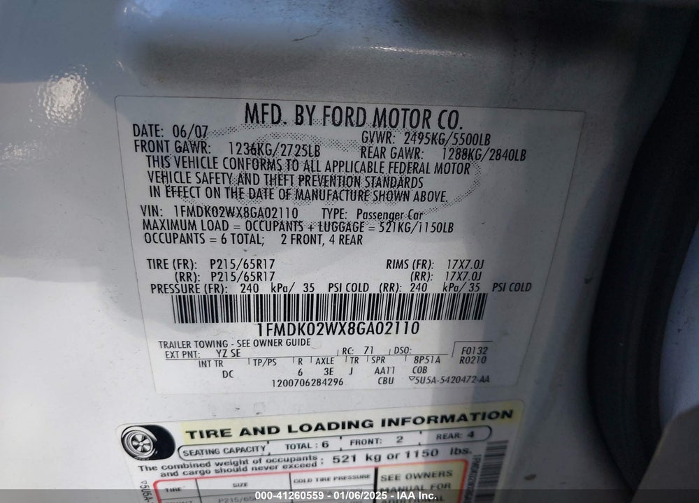 2008 FORD TAURUS X SEL VIN: 1FMDK02WX8GA02110