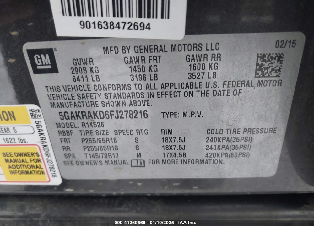 2015 BUICK ENCLAVE CONVENIENCE VIN: 5GAKRAKD6FJ278216