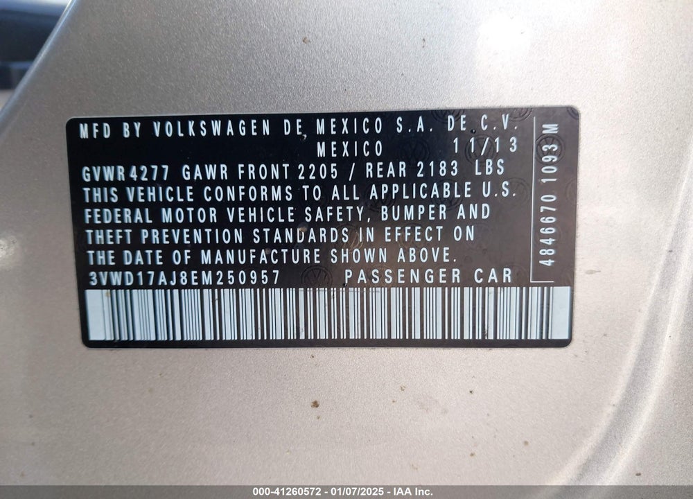 2014 VOLKSWAGEN JETTA VIN: 3VWD17AJ8EM250957