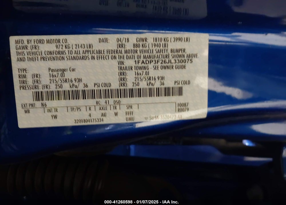 2018 FORD FOCUS VIN: 1FADP3F26JL330075
