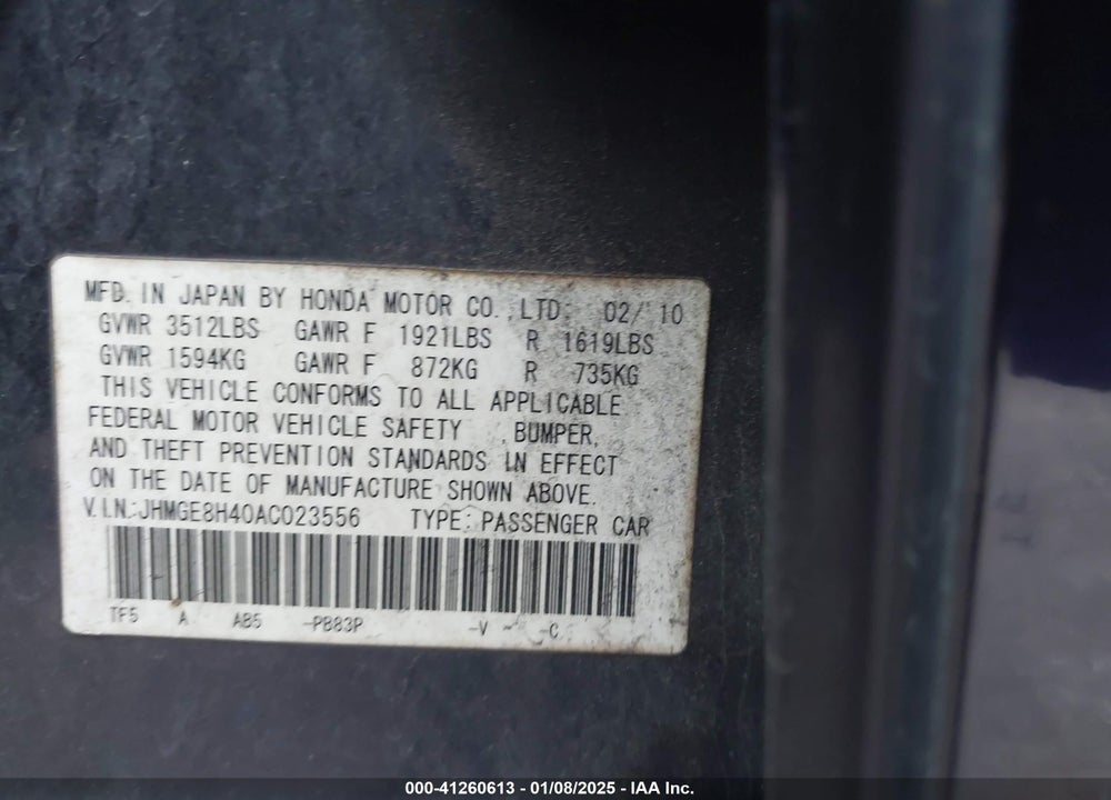 2010 HONDA FIT VIN: JHMGE8H40AC023556