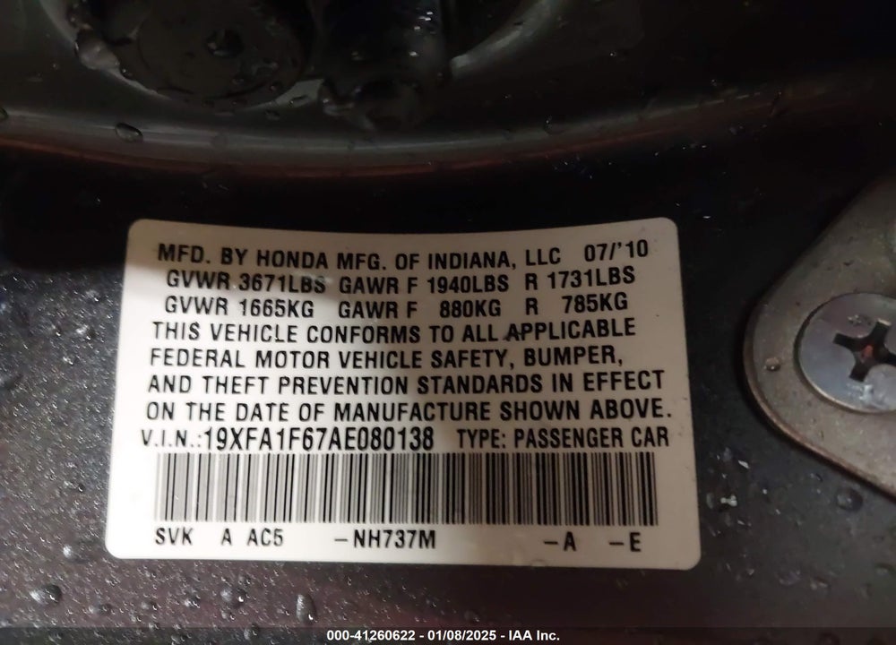 2010 HONDA CIVIC LX-S VIN: 19XFA1F67AE080138