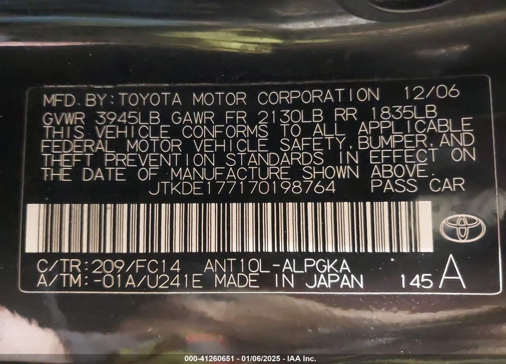 2007 SCION TC VIN: JTKDE177170198764
