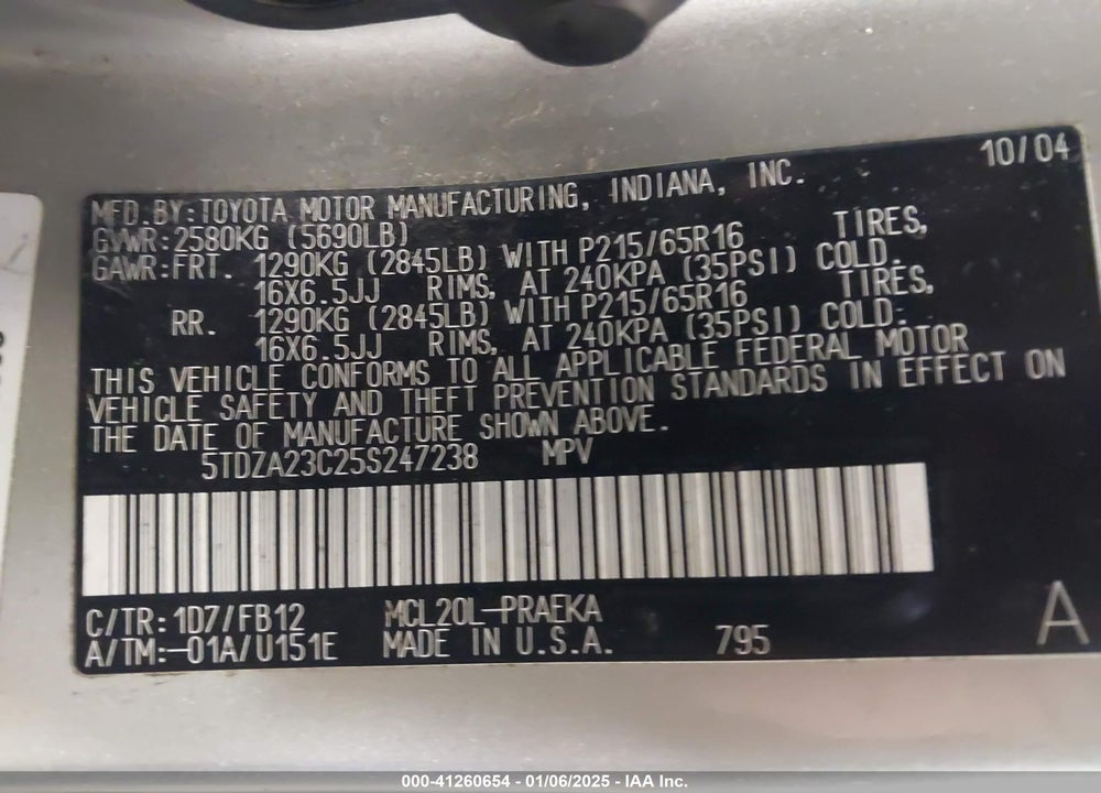 2005 TOYOTA SIENNA LE VIN: 5TDZA23C25S247238