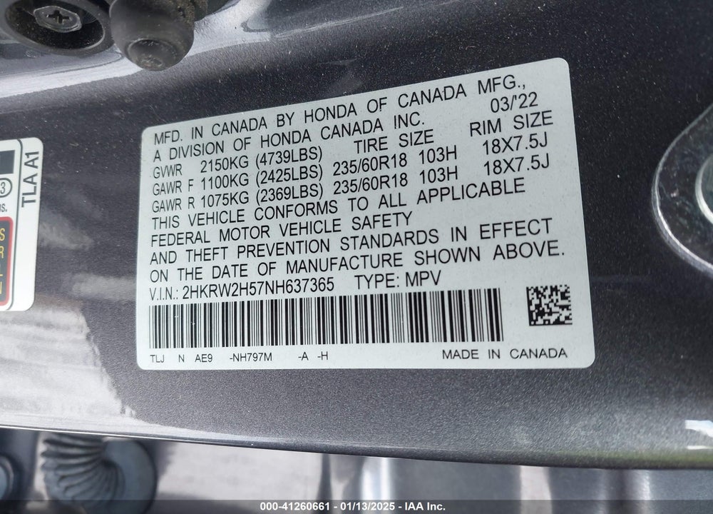 2022 HONDA CR-V AWD EX VIN: 2HKRW2H57NH637365
