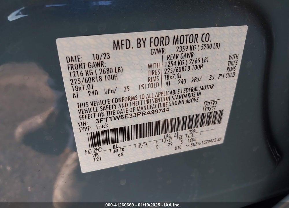 2023 FORD MAVERICK VIN: 3FTTW8E33PRA99744