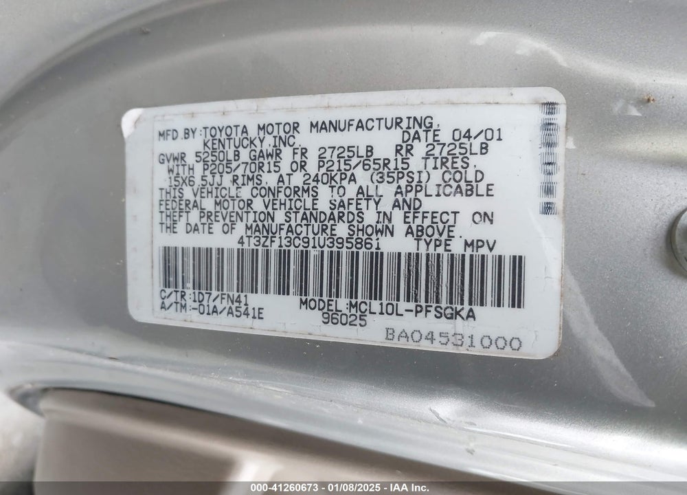 2001 TOYOTA SIENNA LE VIN: 4T3ZF13C91U395861