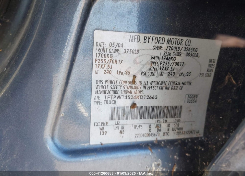 2004 FORD F-150 FX4/LARIAT/XLT VIN: 1FTPW14524KD12663