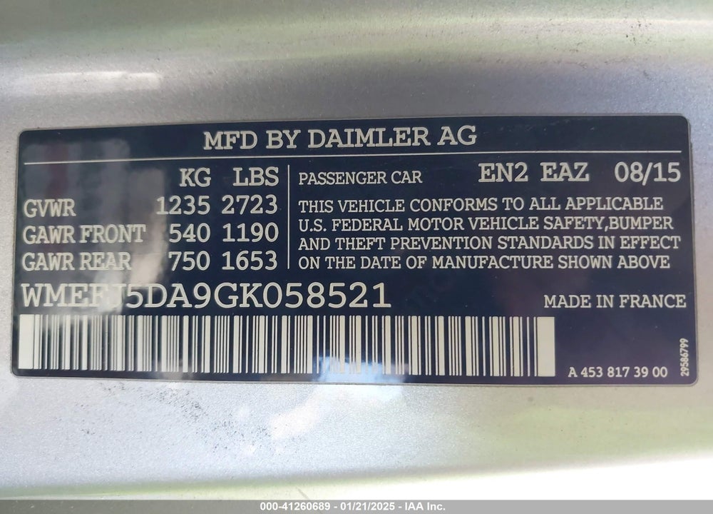 2016 SMART FORTWO VIN: WMEFJ5DA9GK058521