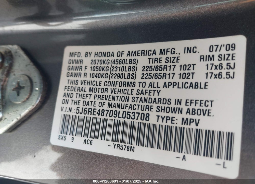 2009 HONDA CR-V EX-L VIN: 5J6RE48709L053708