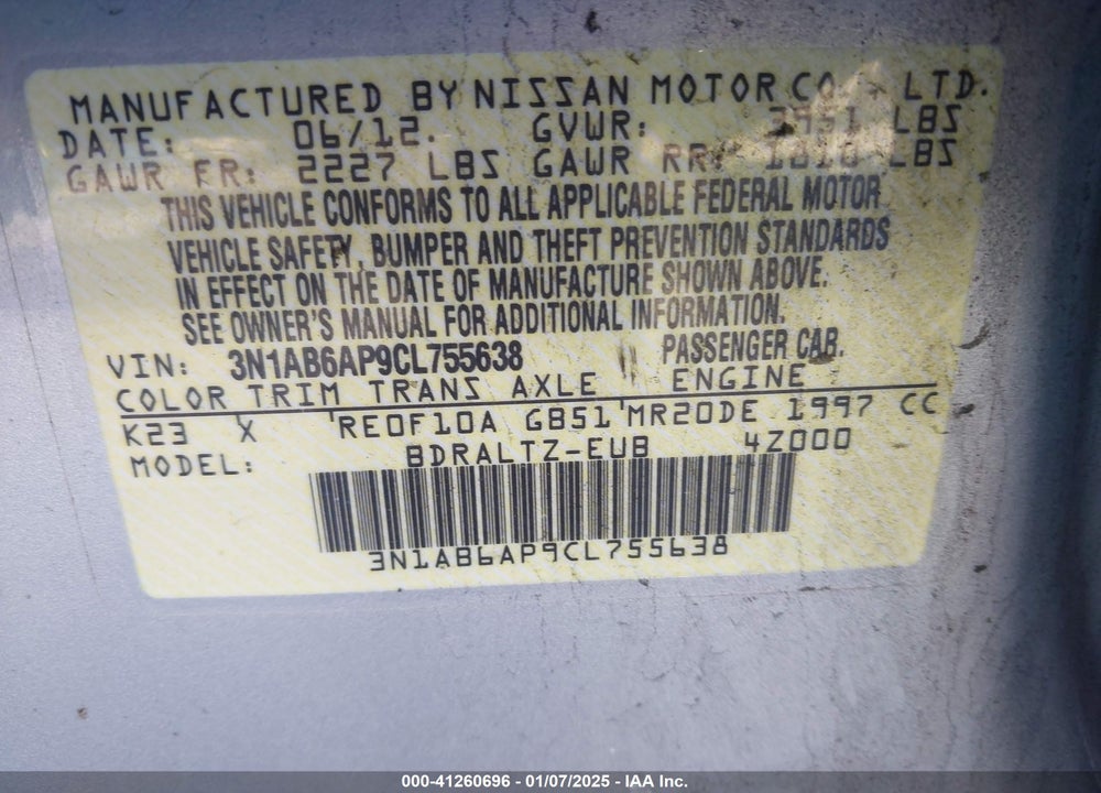 2012 NISSAN SENTRA VIN: 3N1AB6AP9CL755638