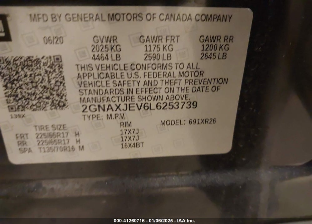 2020 CHEVROLET EQUINOX FWD 2FL VIN: 2GNAXJEV6L6253739