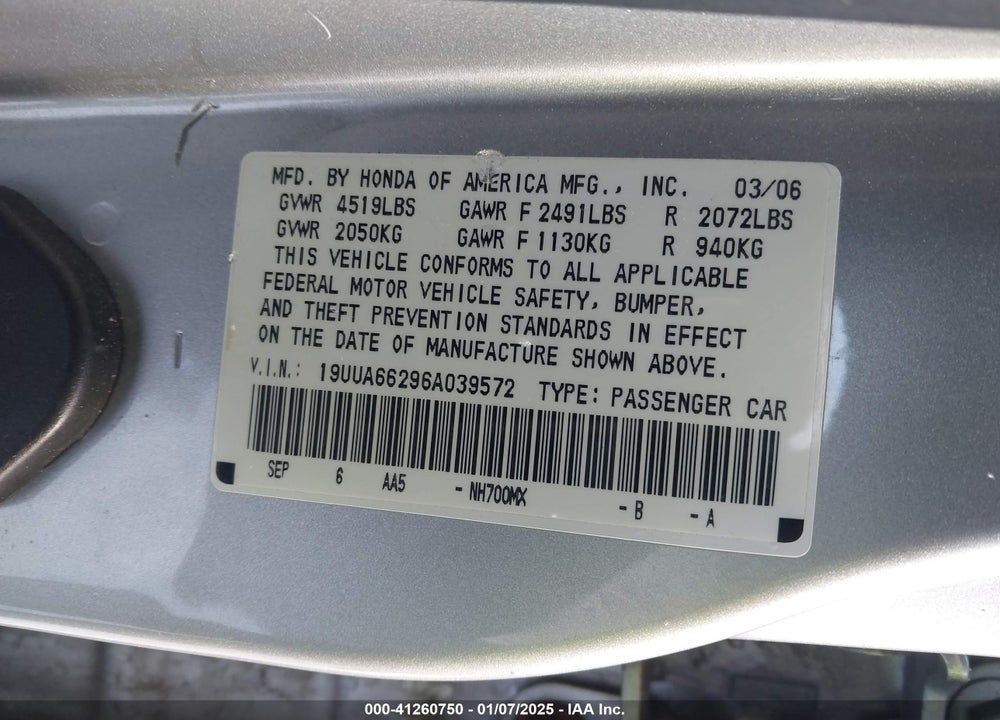 2006 ACURA TL VIN: 19UUA66296A039572