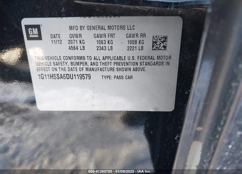 2013 CHEVROLET MALIBU 1LZ VIN: 1G11H5SA6DU119579