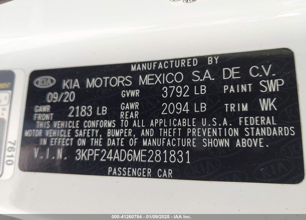 2021 KIA FORTE VIN: 3KPF24AD6ME281831