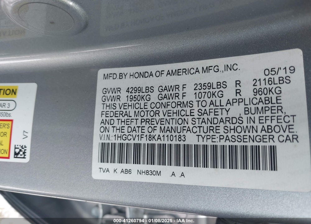 2019 HONDA ACCORD LX VIN: 1HGCV1F18KA110183