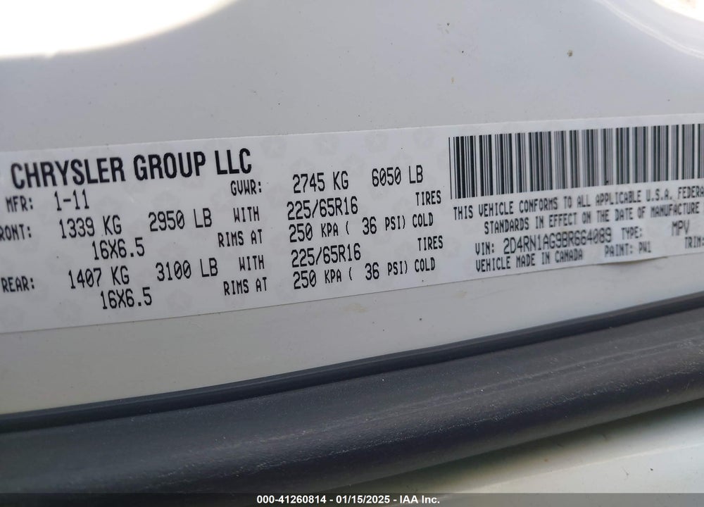 2011 DODGE GRAND CARAVAN C/V VIN: 2D4RN1AG9BR664089