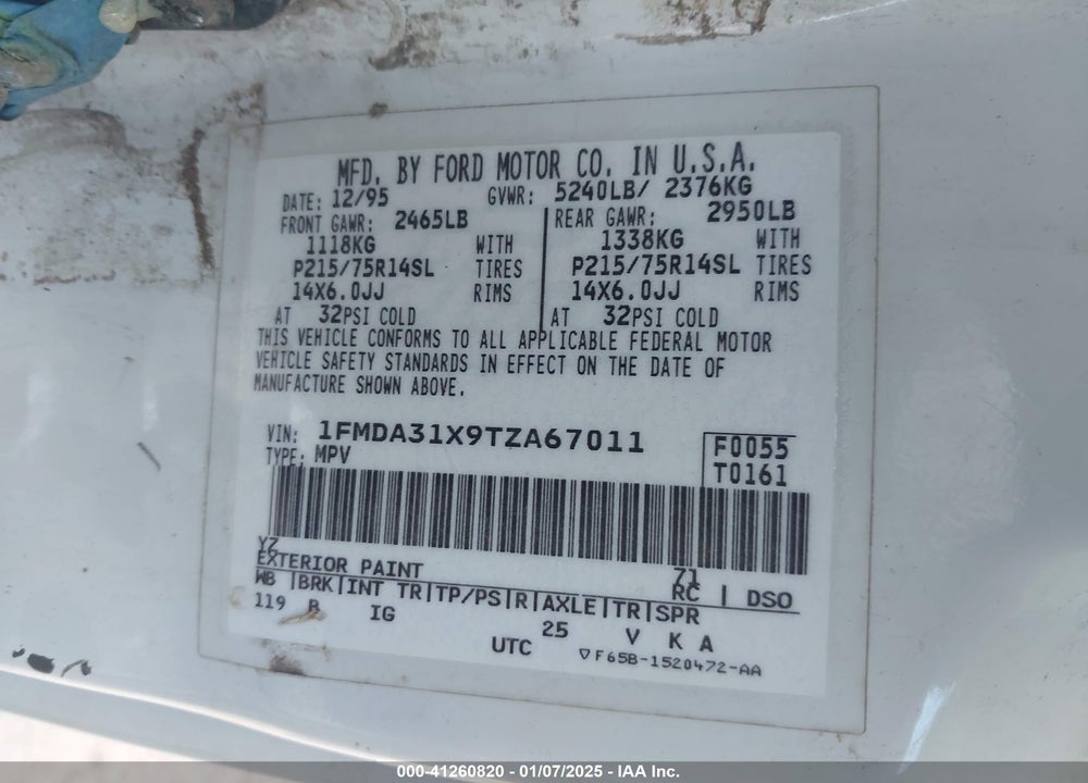 1996 FORD AEROSTAR VIN: 1FMDA31X9TZA67011