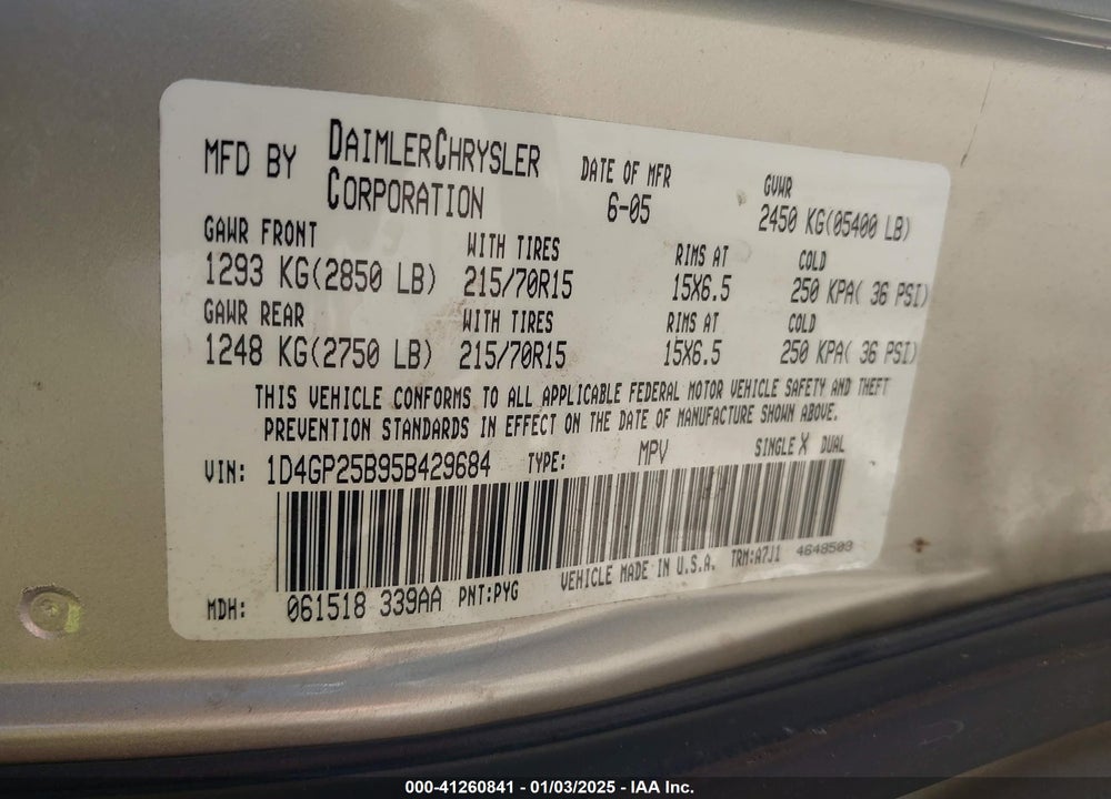 2005 DODGE CARAVAN SE VIN: 1D4GP25B95B429684