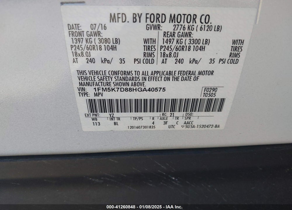 2017 FORD EXPLORER XLT VIN: 1FM5K7D88HGA40575