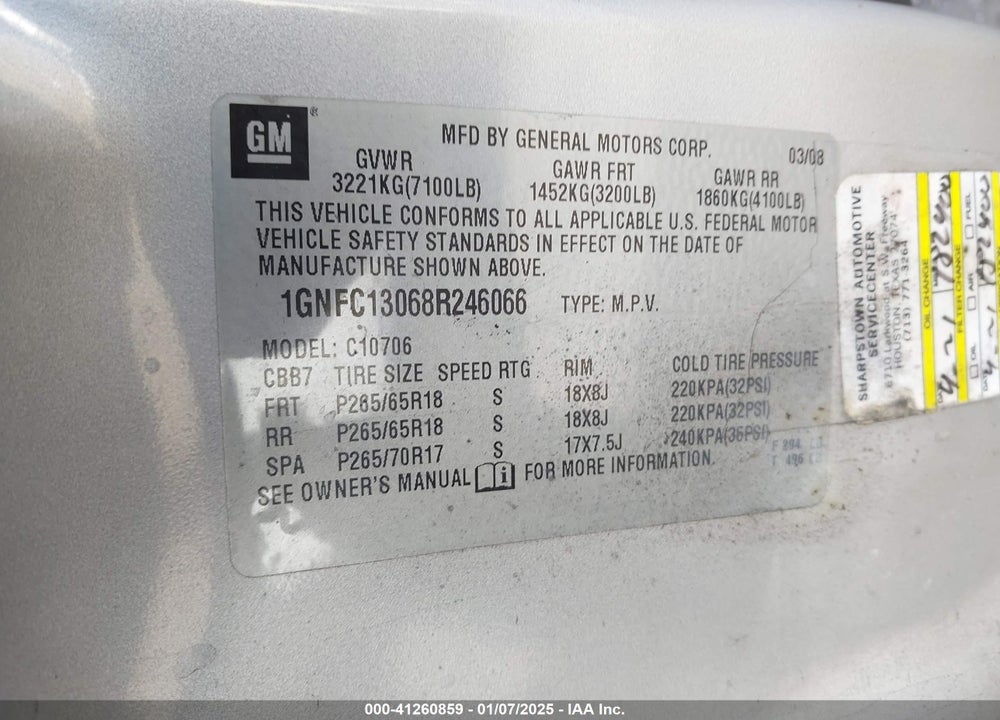 2008 CHEVROLET TAHOE LT VIN: 1GNFC13068R246066