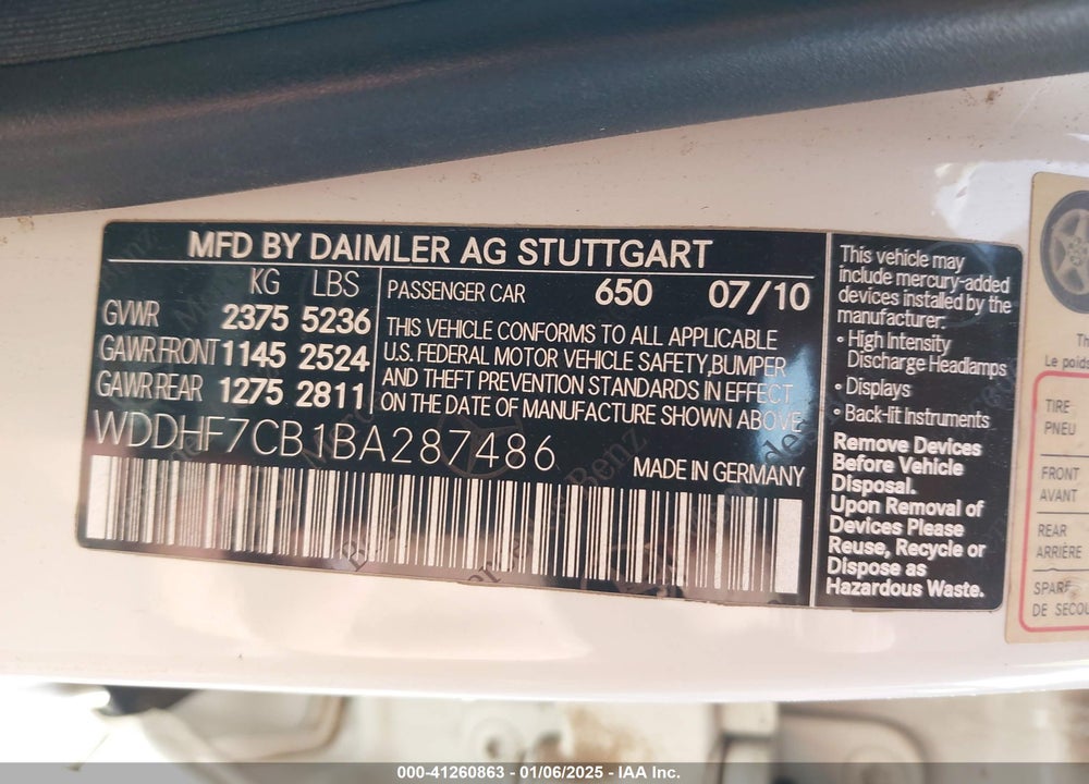 2011 MERCEDES-BENZ E 550 VIN: WDDHF7CB1BA287486