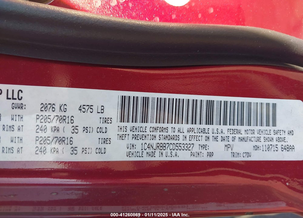 2012 JEEP PATRIOT SPORT VIN: 1C4NJRBB7CD553327