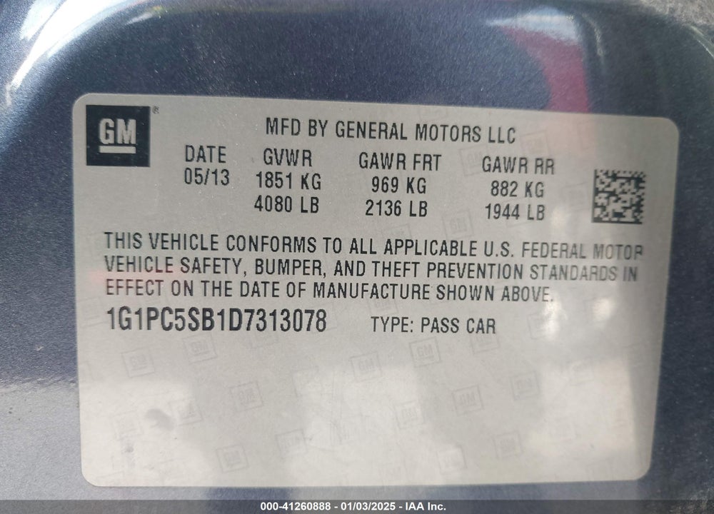 2013 CHEVROLET CRUZE VIN: 1G1PC5SB1D7313078
